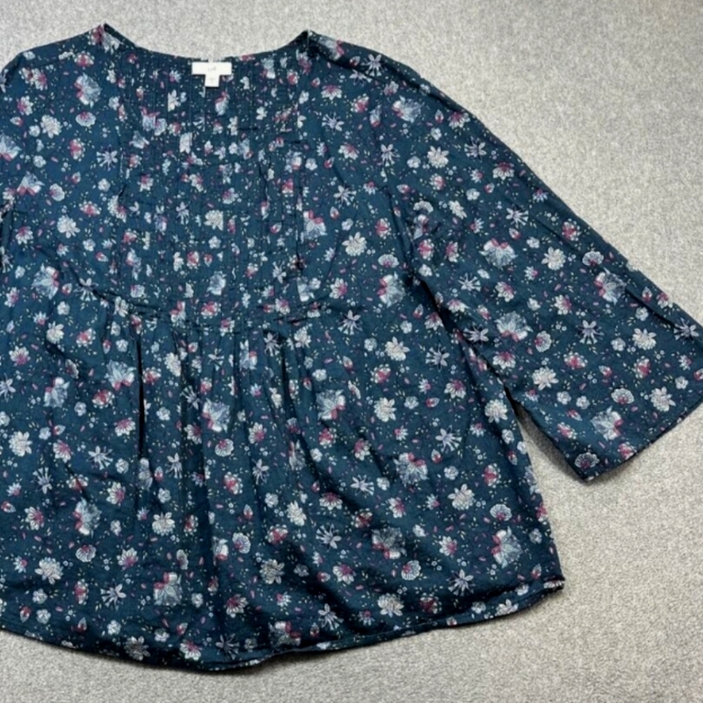 J JILL Blue Pink Floral Pintuck Light Flowy Casual Summer Blouse Top Large